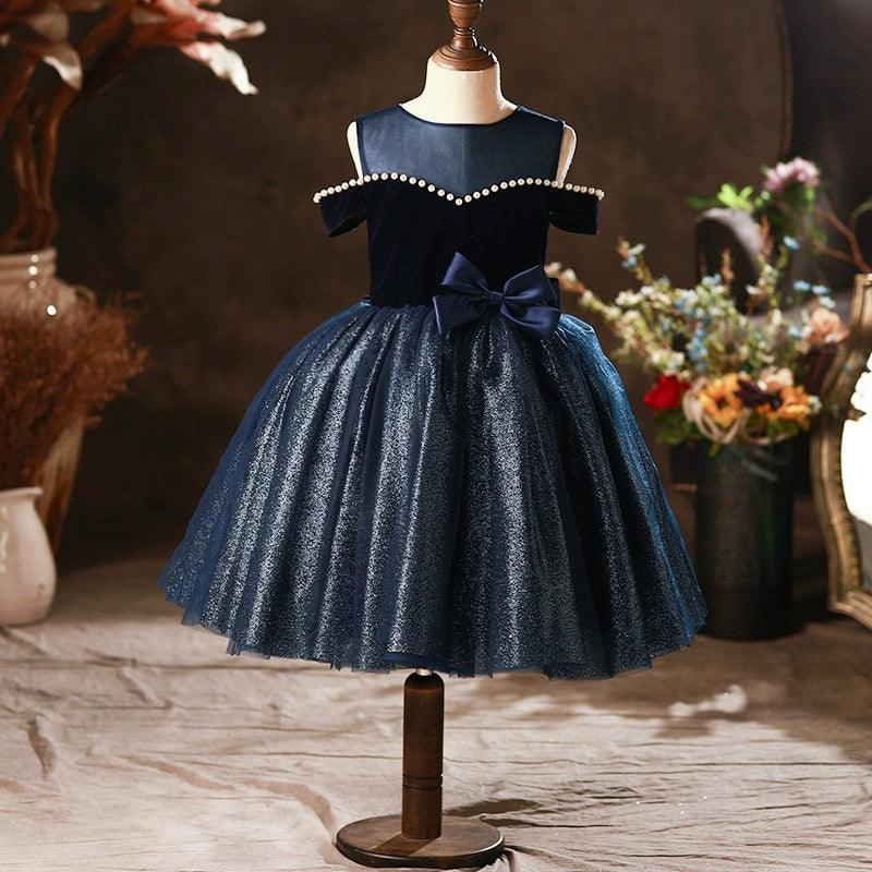 Princess Royal Blue Tulle Back Zip Baptism Bow(s) Tea Length Sleeveless Cold Shoulder Sleeve Round Flower Girl Dress