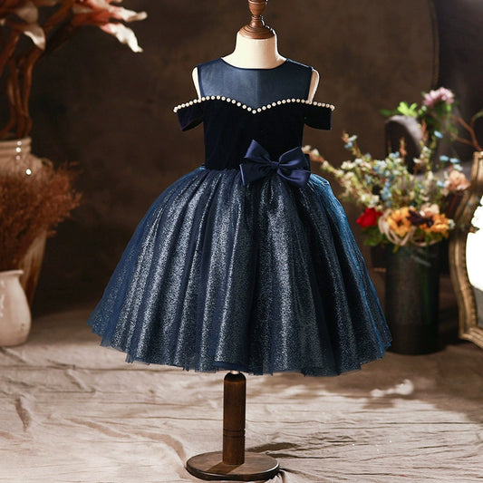 Princess Royal Blue Tulle Back Zip Baptism Bow(s) Tea Length Sleeveless Cold Shoulder Sleeve Round Flower Girl Dress