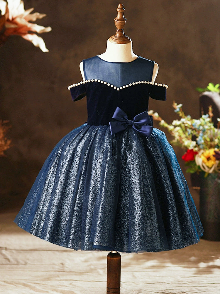 Princess Royal Blue Tulle Back Zip Baptism Bow(s) Tea Length Sleeveless Cold Shoulder Sleeve Round Flower Girl Dress