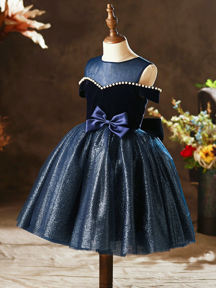 Princess Royal Blue Tulle Back Zip Baptism Bow(s) Tea Length Sleeveless Cold Shoulder Sleeve Round Flower Girl Dress