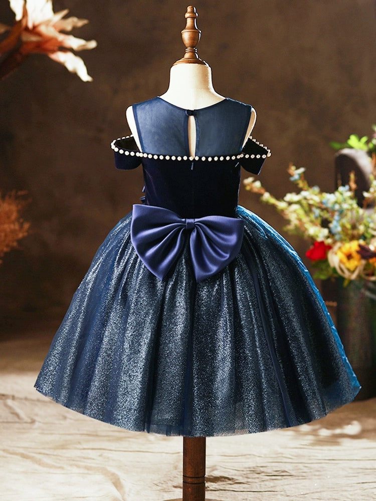 Princess Royal Blue Tulle Back Zip Baptism Bow(s) Tea Length Sleeveless Cold Shoulder Sleeve Round Flower Girl Dress