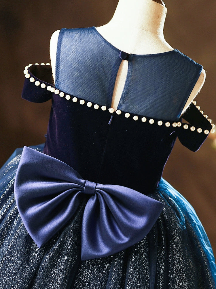 Princess Royal Blue Tulle Back Zip Baptism Bow(s) Tea Length Sleeveless Cold Shoulder Sleeve Round Flower Girl Dress