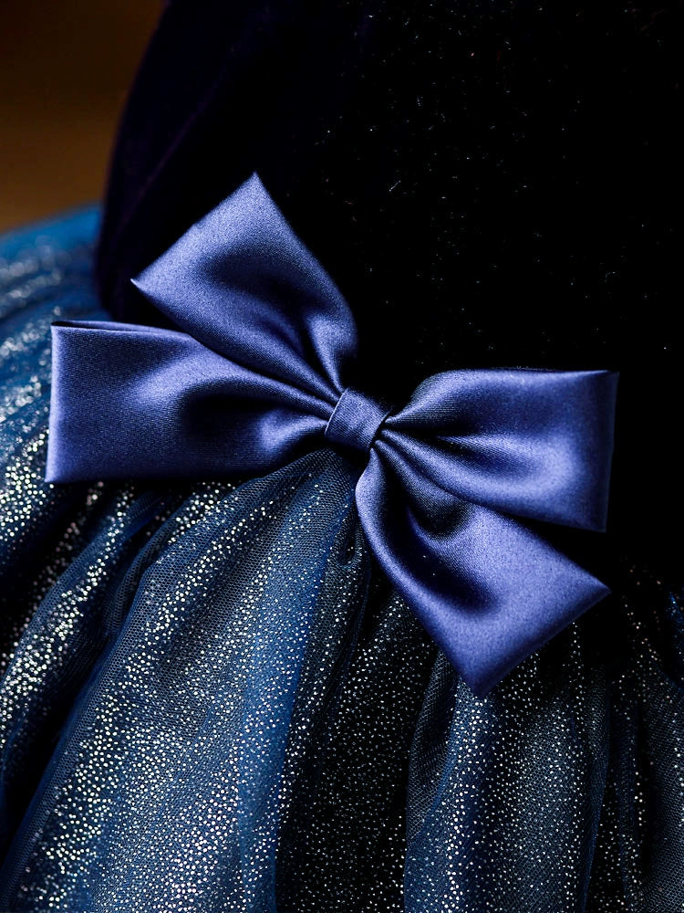 Princess Royal Blue Tulle Back Zip Baptism Bow(s) Tea Length Sleeveless Cold Shoulder Sleeve Round Flower Girl Dress