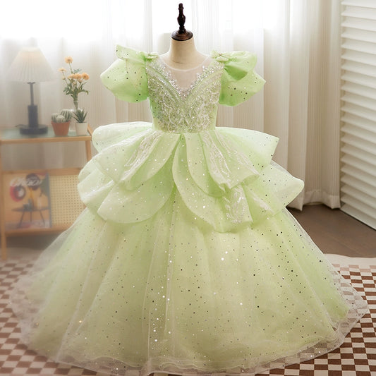 Princess Sage Green Organza Crossed Straps Baptism Lace Floor Length Short Sleeve Puff Sleeve Round Flower Girl Dress