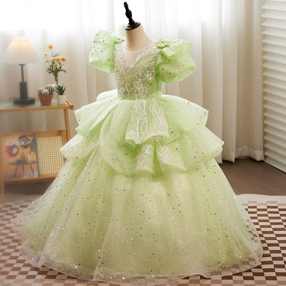 Princess Sage Green Organza Crossed Straps Baptism Lace Floor Length Short Sleeve Puff Sleeve Round Flower Girl Dress