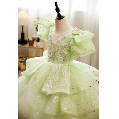 Princess Sage Green Organza Crossed Straps Baptism Lace Floor Length Short Sleeve Puff Sleeve Round Flower Girl Dress
