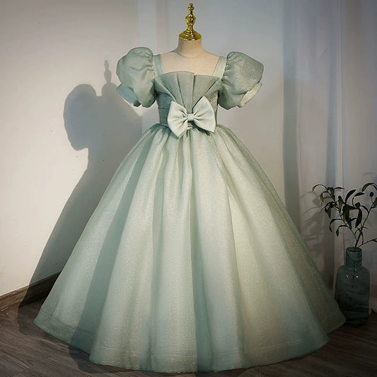 Princess Sage Green Tulle Crossed Straps Baptism Bow(s) Floor Length Short Sleeve Puff Sleeve Square Flower Girl Dress
