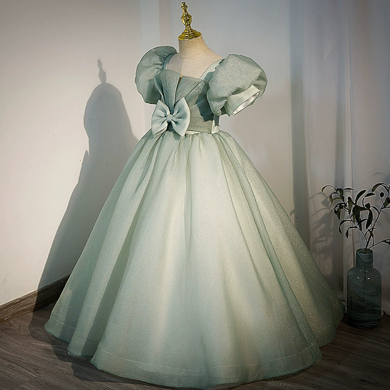 Princess Sage Green Tulle Crossed Straps Baptism Bow(s) Floor Length Short Sleeve Puff Sleeve Square Flower Girl Dress
