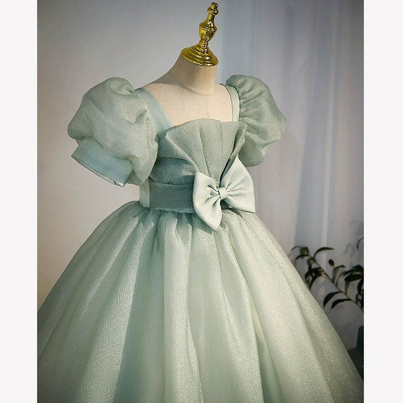 Princess Sage Green Tulle Crossed Straps Baptism Bow(s) Floor Length Short Sleeve Puff Sleeve Square Flower Girl Dress