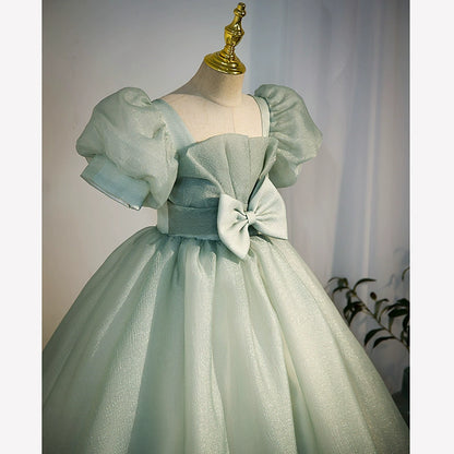 Princess Sage Green Tulle Crossed Straps Baptism Bow(s) Floor Length Short Sleeve Puff Sleeve Square Flower Girl Dress