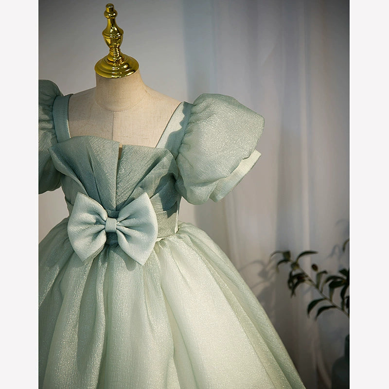 Princess Sage Green Tulle Crossed Straps Baptism Bow(s) Floor Length Short Sleeve Puff Sleeve Square Flower Girl Dress