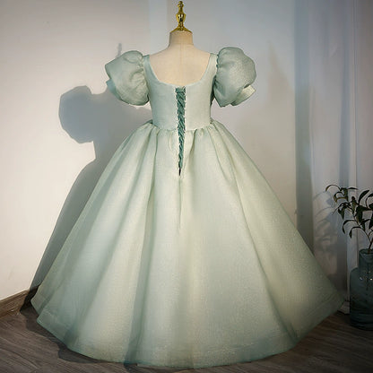 Princess Sage Green Tulle Crossed Straps Baptism Bow(s) Floor Length Short Sleeve Puff Sleeve Square Flower Girl Dress