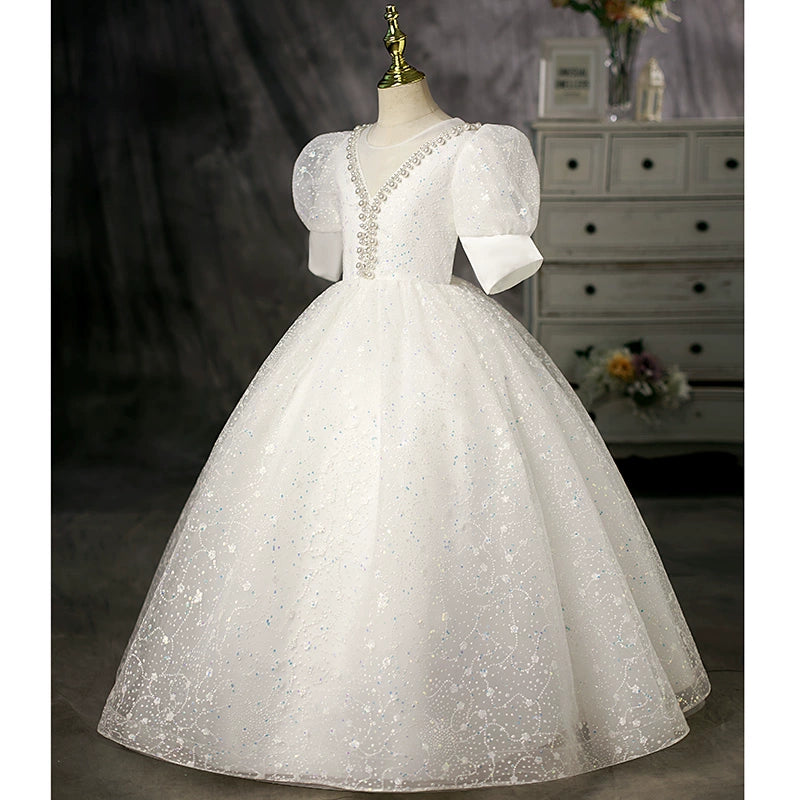 Princess White Crossed Straps Baptism Floor Length Short Sleeve Puff Sleeve Round Flower Girl Dress