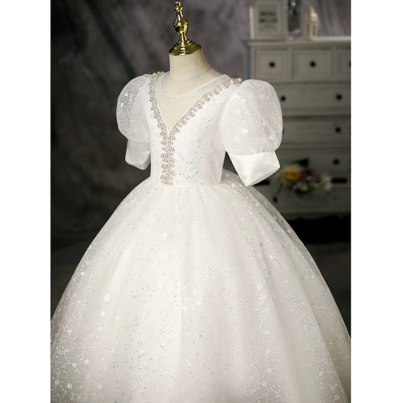 Princess White Crossed Straps Baptism Floor Length Short Sleeve Puff Sleeve Round Flower Girl Dress