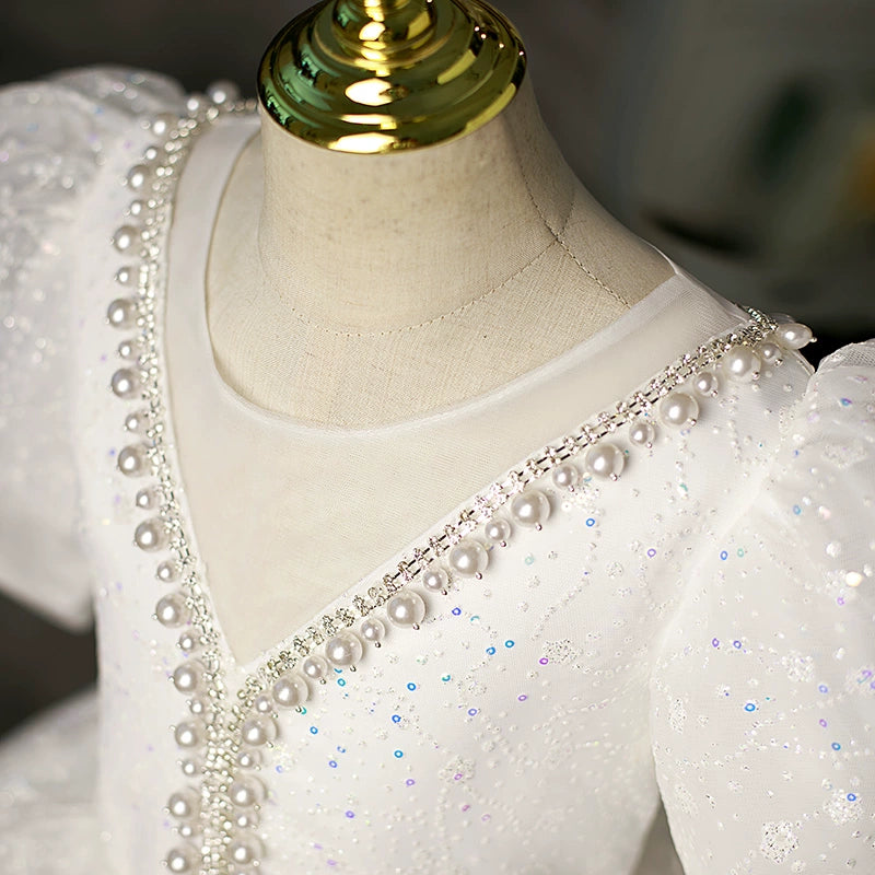 Princess White Crossed Straps Baptism Floor Length Short Sleeve Puff Sleeve Round Flower Girl Dress
