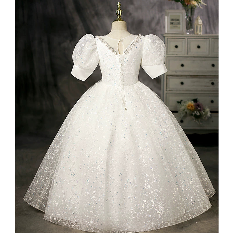 Princess White Crossed Straps Baptism Floor Length Short Sleeve Puff Sleeve Round Flower Girl Dress