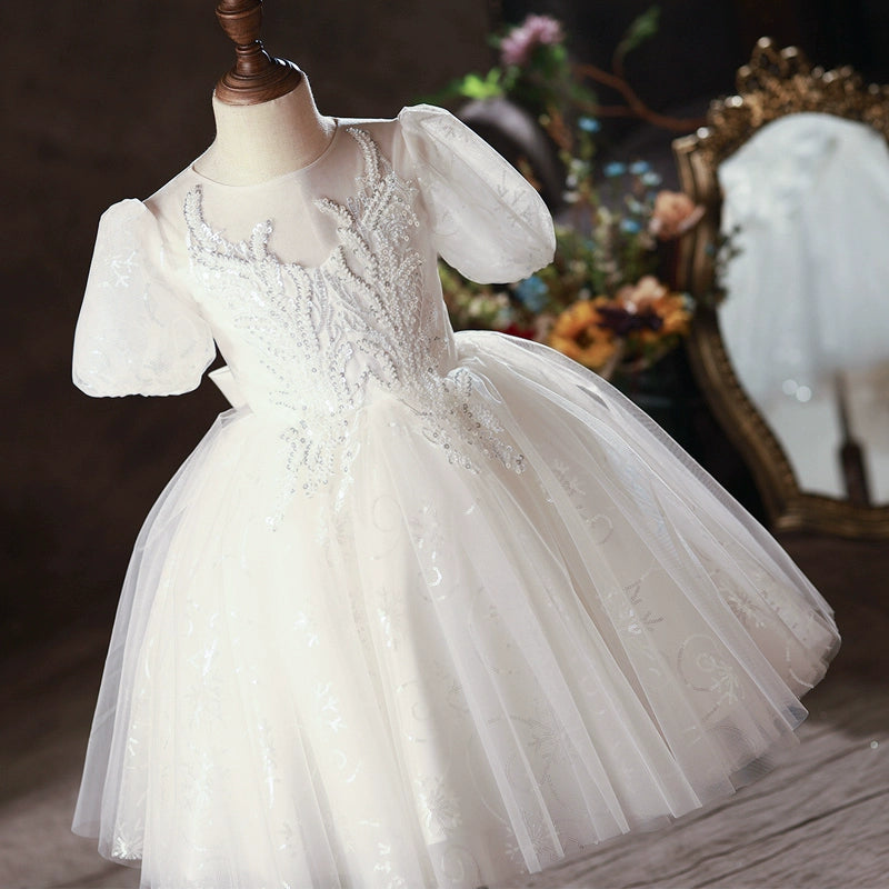 Princess White Lace Back Zip Baptism Lace Tea Length Short Sleeve Puff Sleeve Round Flower Girl Dress