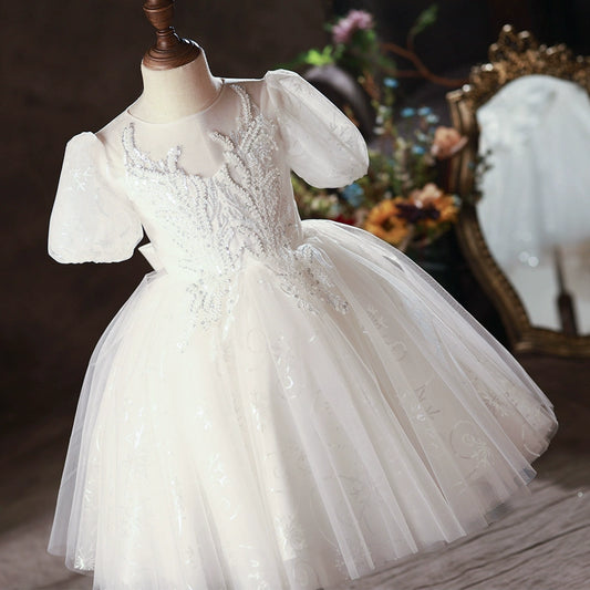 Princess White Lace Back Zip Baptism Lace Tea Length Short Sleeve Puff Sleeve Round Flower Girl Dress