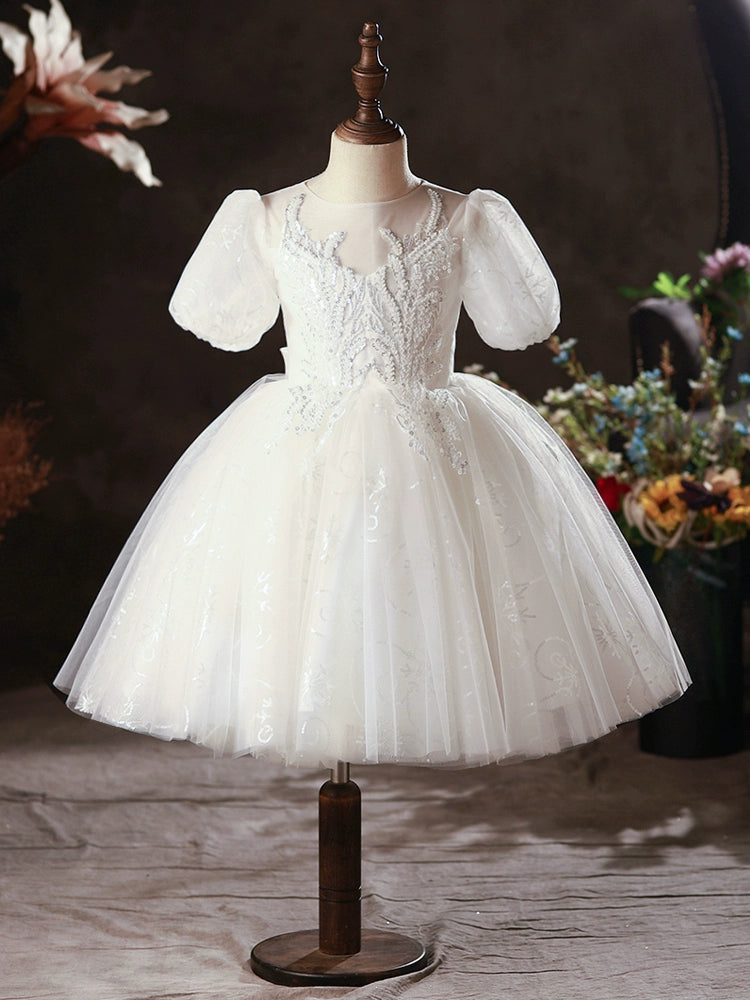 Princess White Lace Back Zip Baptism Lace Tea Length Short Sleeve Puff Sleeve Round Flower Girl Dress