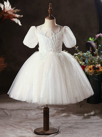 Princess White Lace Back Zip Baptism Lace Tea Length Short Sleeve Puff Sleeve Round Flower Girl Dress
