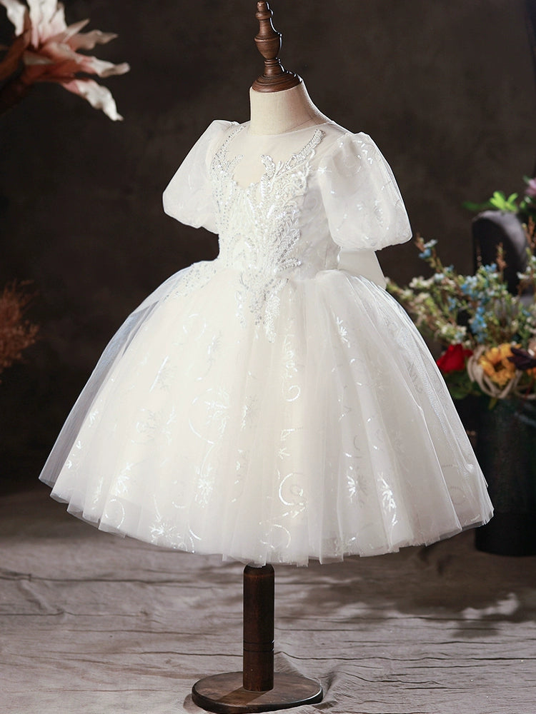 Princess White Lace Back Zip Baptism Lace Tea Length Short Sleeve Puff Sleeve Round Flower Girl Dress