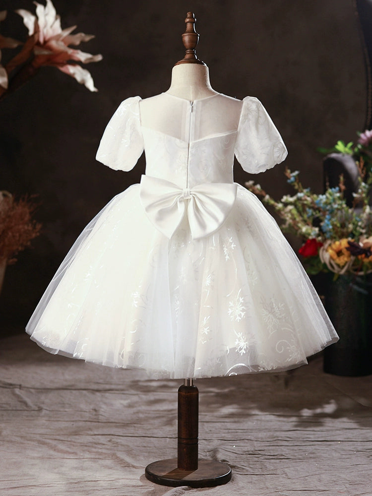 Princess White Lace Back Zip Baptism Lace Tea Length Short Sleeve Puff Sleeve Round Flower Girl Dress