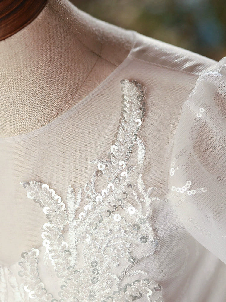 Princess White Lace Back Zip Baptism Lace Tea Length Short Sleeve Puff Sleeve Round Flower Girl Dress