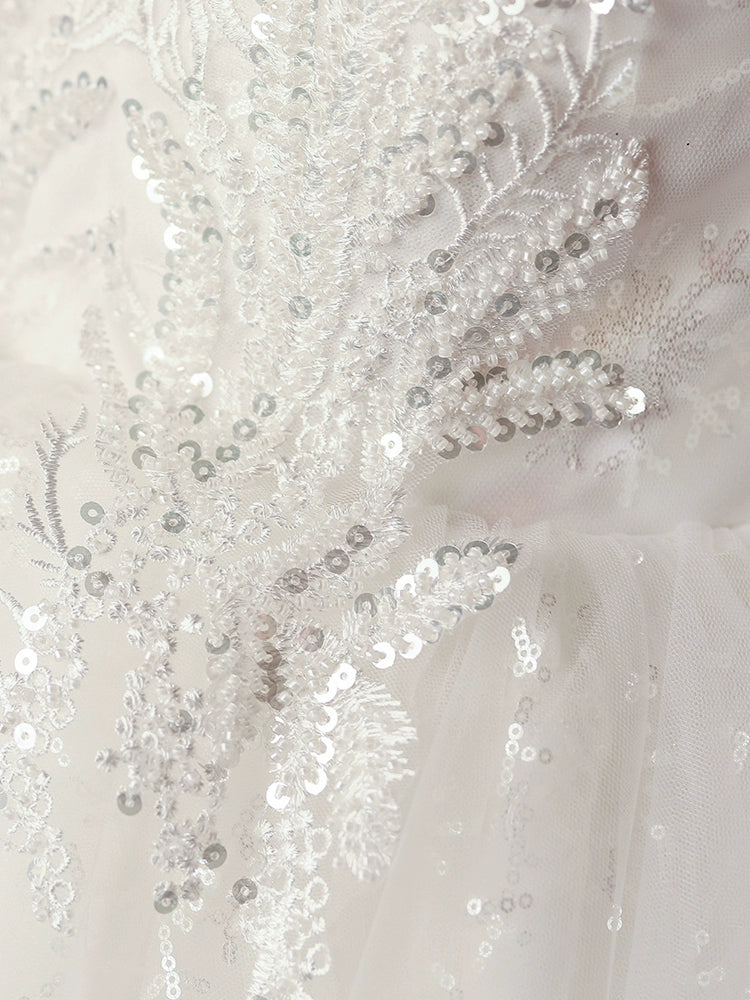 Princess White Lace Back Zip Baptism Lace Tea Length Short Sleeve Puff Sleeve Round Flower Girl Dress