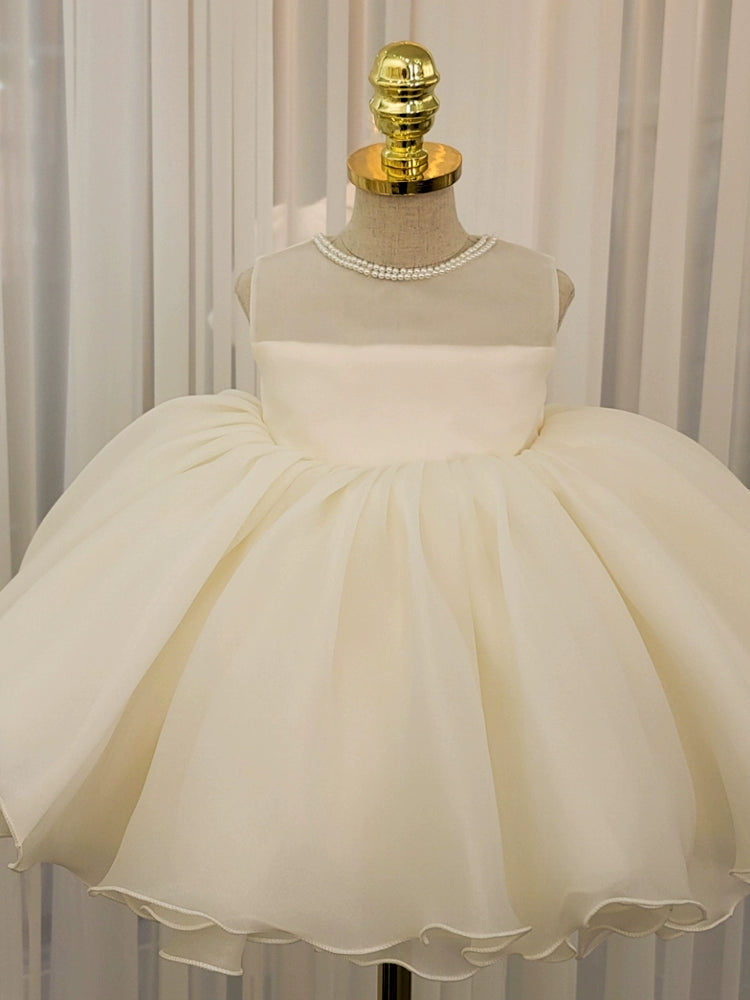 Princess White Organza Back Zip Baptism Cascading Ruffles Tea Length Sleeveless Round Flower Girl Dress
