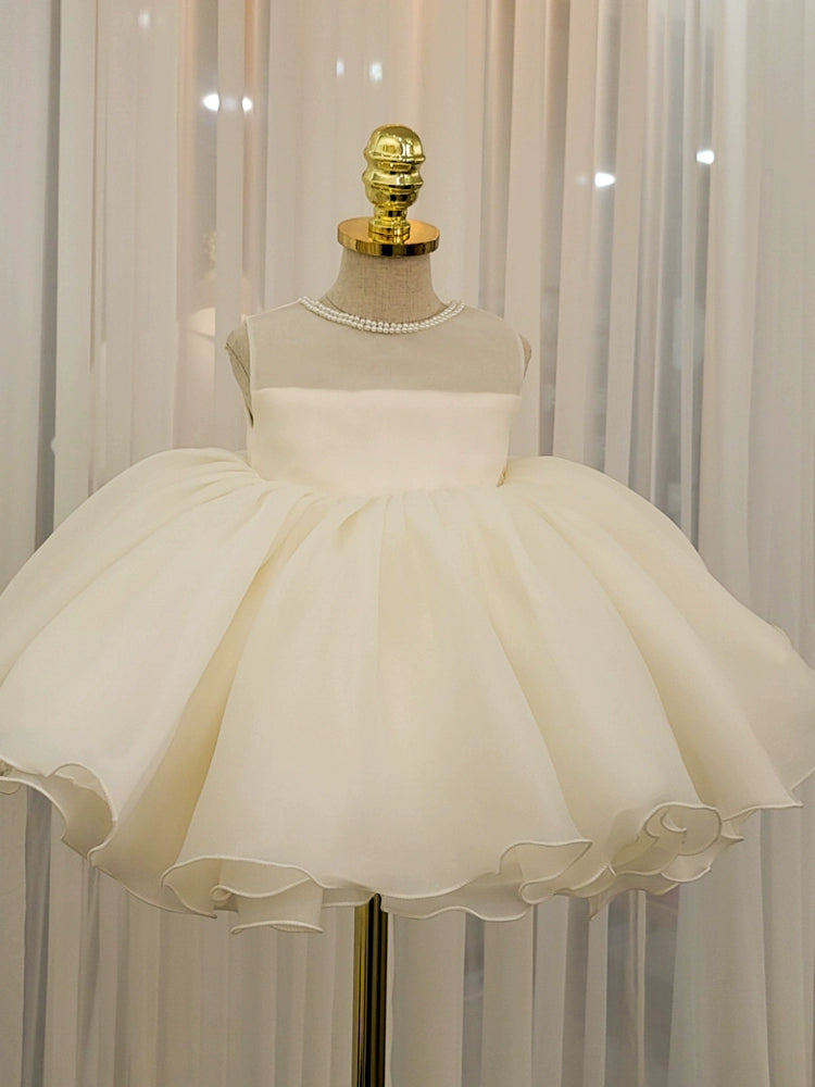 Princess White Organza Back Zip Baptism Cascading Ruffles Tea Length Sleeveless Round Flower Girl Dress