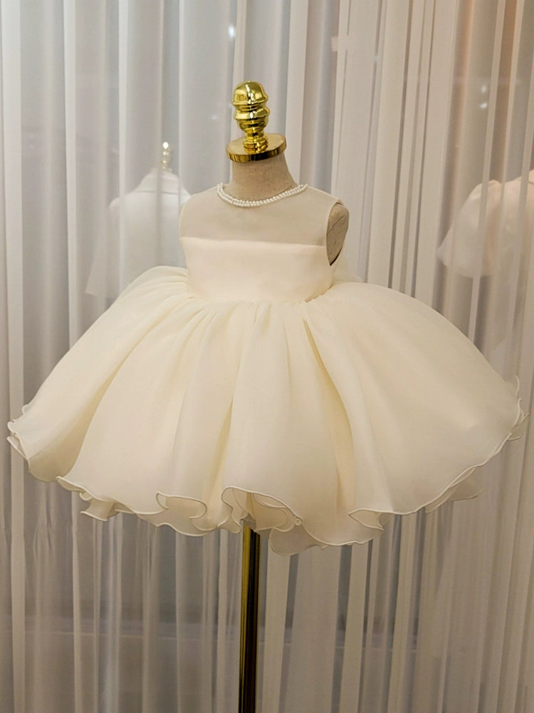Princess White Organza Back Zip Baptism Cascading Ruffles Tea Length Sleeveless Round Flower Girl Dress