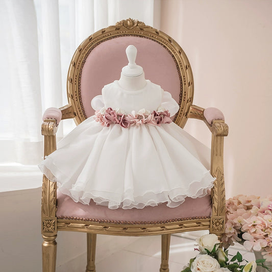 Princess White Organza Back Zip Baptism Flower(s) Tea Length Sleeveless Round Flower Girl Dress
