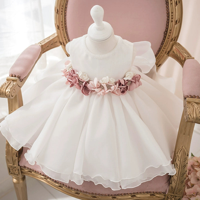 Princess White Organza Back Zip Baptism Flower(s) Tea Length Sleeveless Round Flower Girl Dress