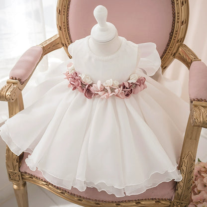Princess White Organza Back Zip Baptism Flower(s) Tea Length Sleeveless Round Flower Girl Dress