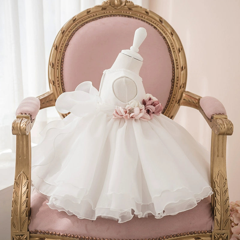Princess White Organza Back Zip Baptism Flower(s) Tea Length Sleeveless Round Flower Girl Dress