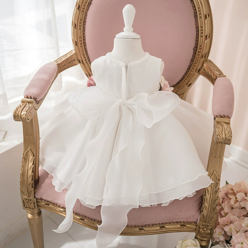 Princess White Organza Back Zip Baptism Flower(s) Tea Length Sleeveless Round Flower Girl Dress