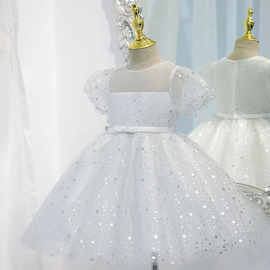 Princess White Organza Back Zip Baptism Sequins Tea Length Short Sleeve Puff Sleeve Round Flower Girl Dress