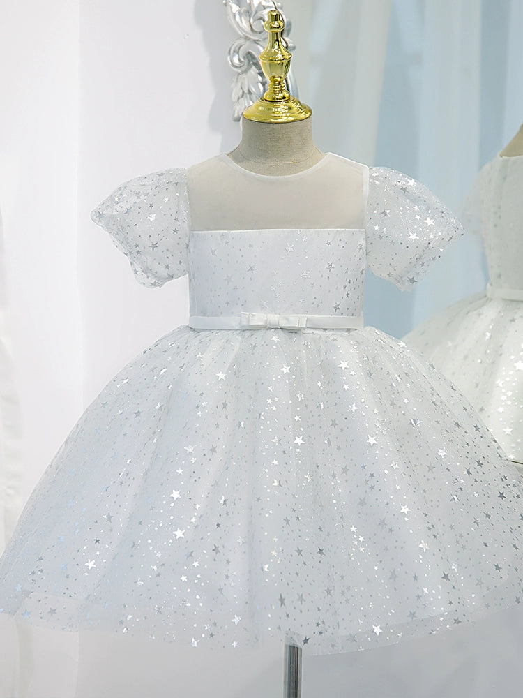 Princess White Organza Back Zip Baptism Sequins Tea Length Short Sleeve Puff Sleeve Round Flower Girl Dress