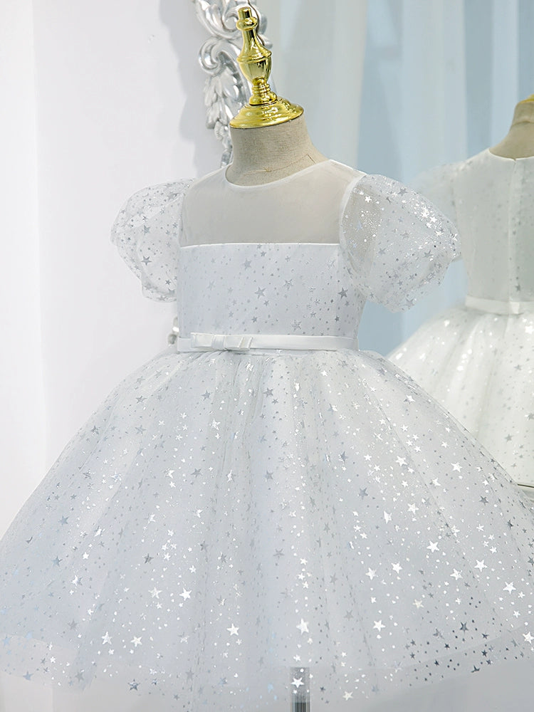 Princess White Organza Back Zip Baptism Sequins Tea Length Short Sleeve Puff Sleeve Round Flower Girl Dress