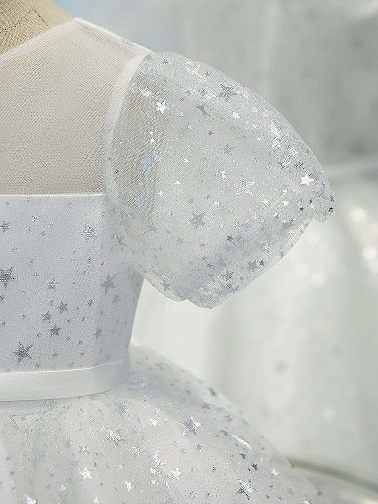 Princess White Organza Back Zip Baptism Sequins Tea Length Short Sleeve Puff Sleeve Round Flower Girl Dress