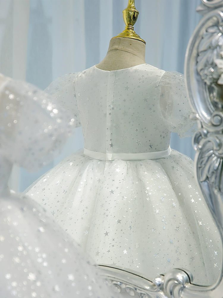 Princess White Organza Back Zip Baptism Sequins Tea Length Short Sleeve Puff Sleeve Round Flower Girl Dress