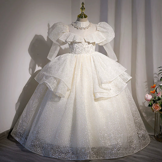 Princess White Organza Crossed Straps Baptism Beaded Floor Length Long Sleeve Puff Sleeve Jewel Neck Flower Girl Dress