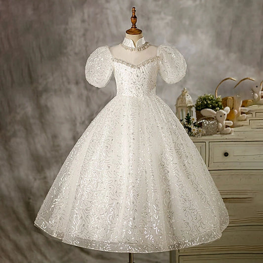 Princess White Organza Crossed Straps Baptism Beaded Floor Length Short Sleeve Puff Sleeve Mock Neck Flower Girl Dress