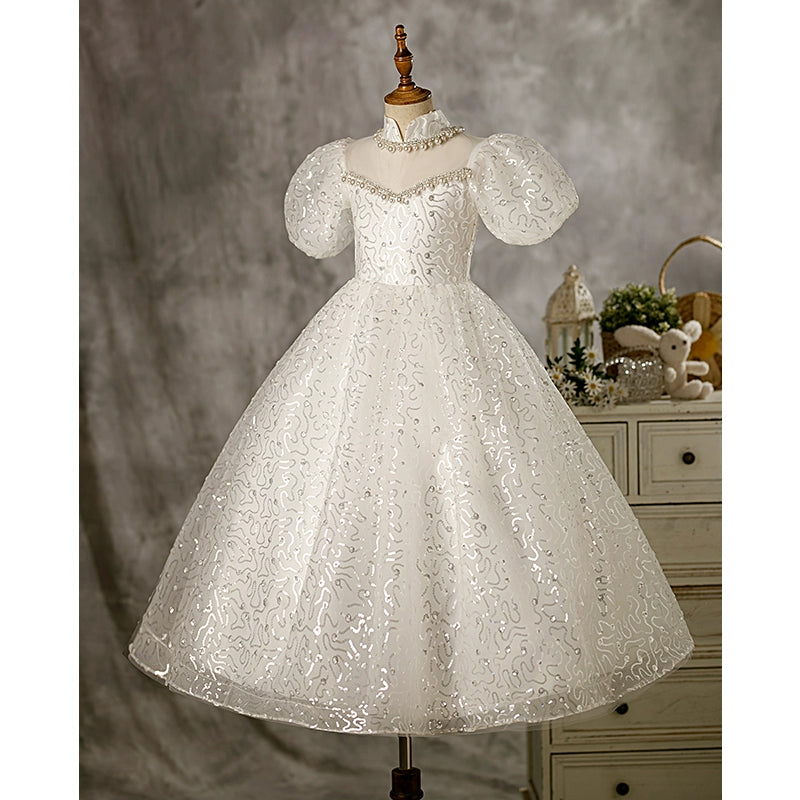 Princess White Organza Crossed Straps Baptism Beaded Floor Length Short Sleeve Puff Sleeve Mock Neck Flower Girl Dress