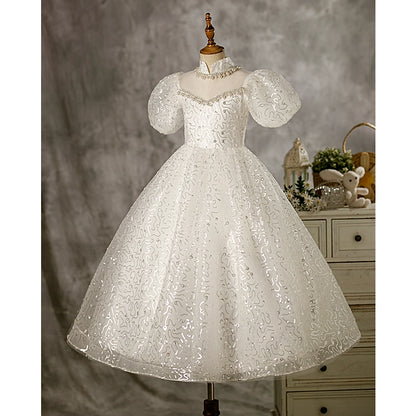 Princess White Organza Crossed Straps Baptism Beaded Floor Length Short Sleeve Puff Sleeve Mock Neck Flower Girl Dress