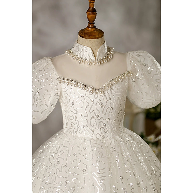 Princess White Organza Crossed Straps Baptism Beaded Floor Length Short Sleeve Puff Sleeve Mock Neck Flower Girl Dress