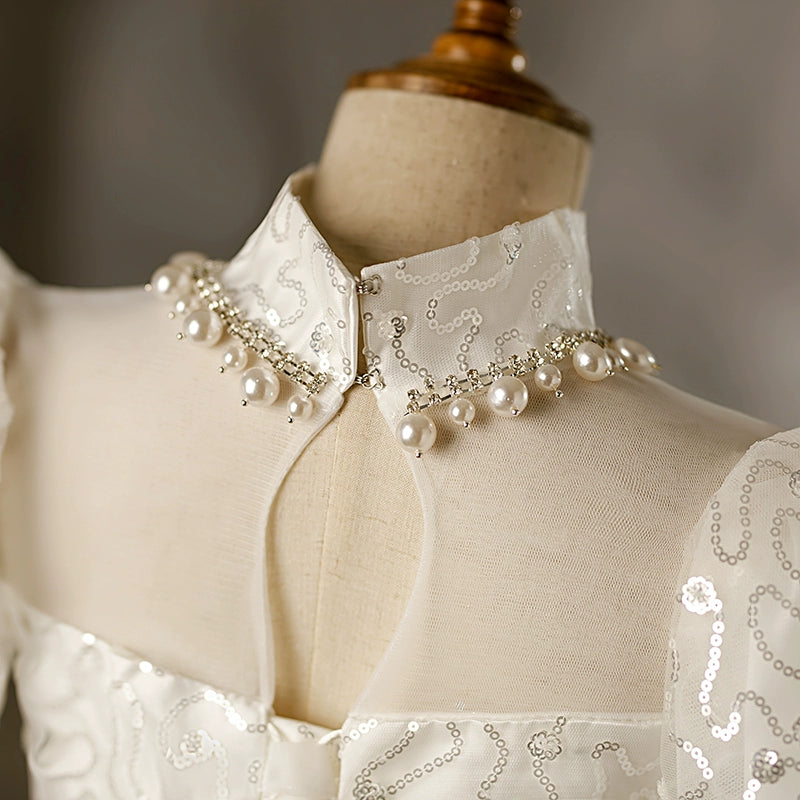 Princess White Organza Crossed Straps Baptism Beaded Floor Length Short Sleeve Puff Sleeve Mock Neck Flower Girl Dress