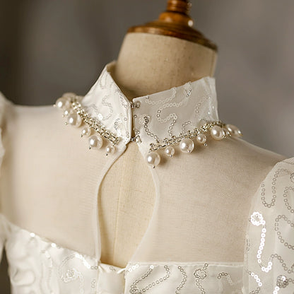 Princess White Organza Crossed Straps Baptism Beaded Floor Length Short Sleeve Puff Sleeve Mock Neck Flower Girl Dress