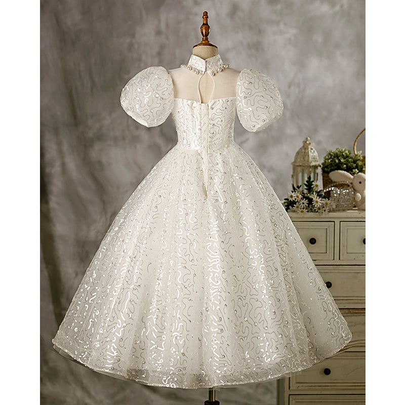 Princess White Organza Crossed Straps Baptism Beaded Floor Length Short Sleeve Puff Sleeve Mock Neck Flower Girl Dress