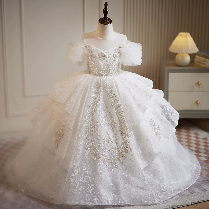 Princess White Organza Crossed Straps Baptism Lace Floor Length Short Sleeve Cold Shoulder Sleeve Round Flower Girl Dress